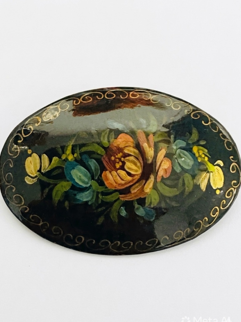 Vintage Hand Painted Signed Russian Lacquer Brooch